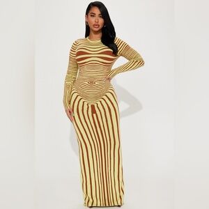 Fashion Nova Long Sleeve Striped Dress - Yellow and Brown